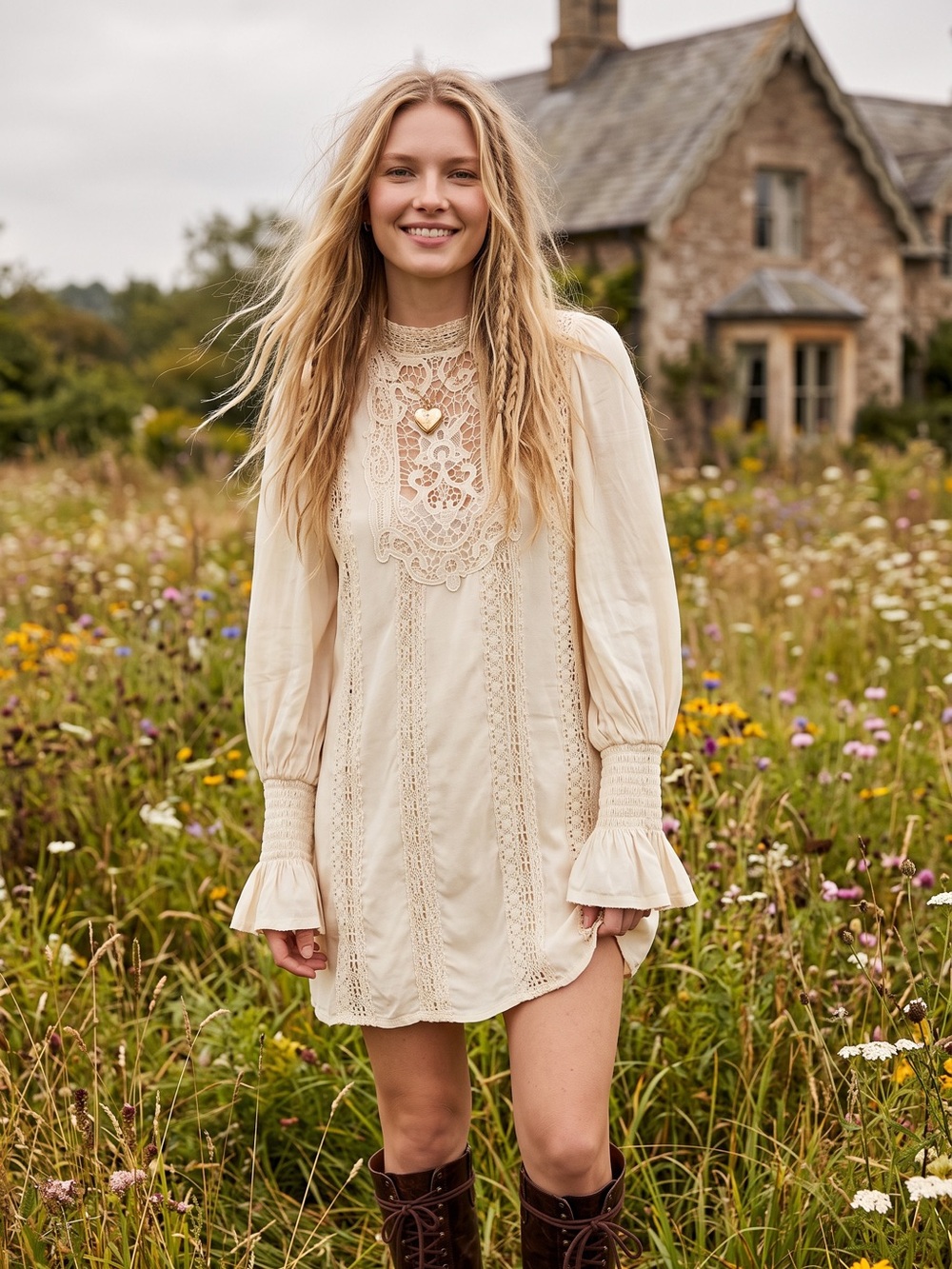 Free People Ethereal Edwardian Romantic Dainty Lace Mini Dress Ivory Medium NWT